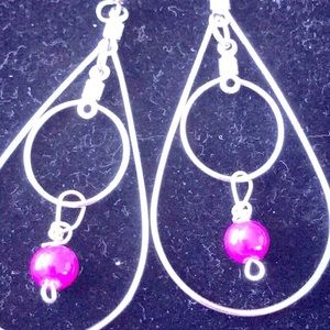 New Geometric drop earrings with pink bead made by Amanda Sanchez